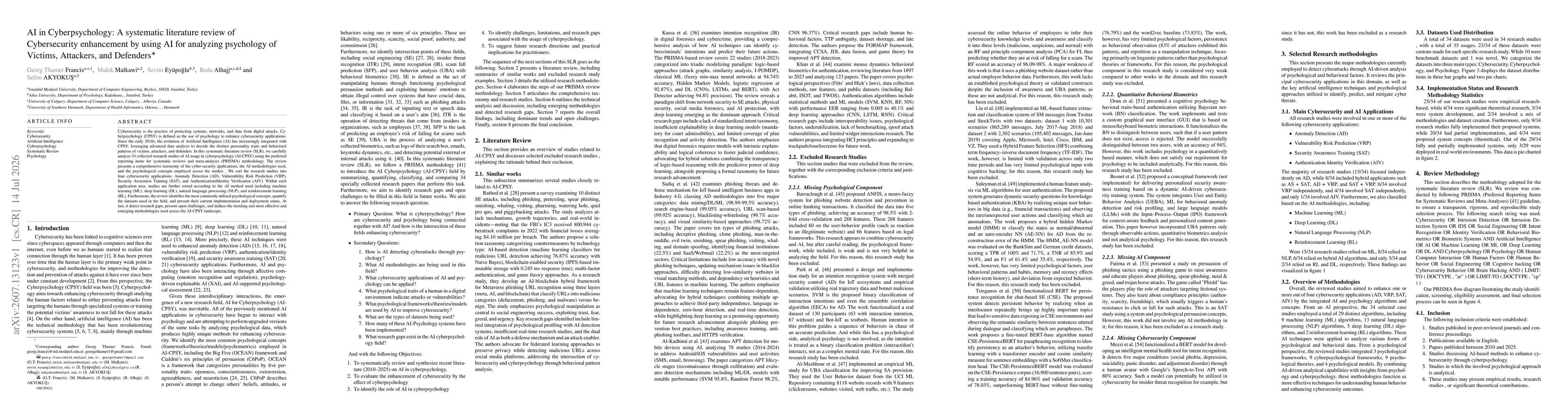 Thumbnail for AI in Cyberpsychology: A systematic literature review of Cybersecurity enhancement by using AI for analyzing psychology of Victims, Attackers, and Defenders