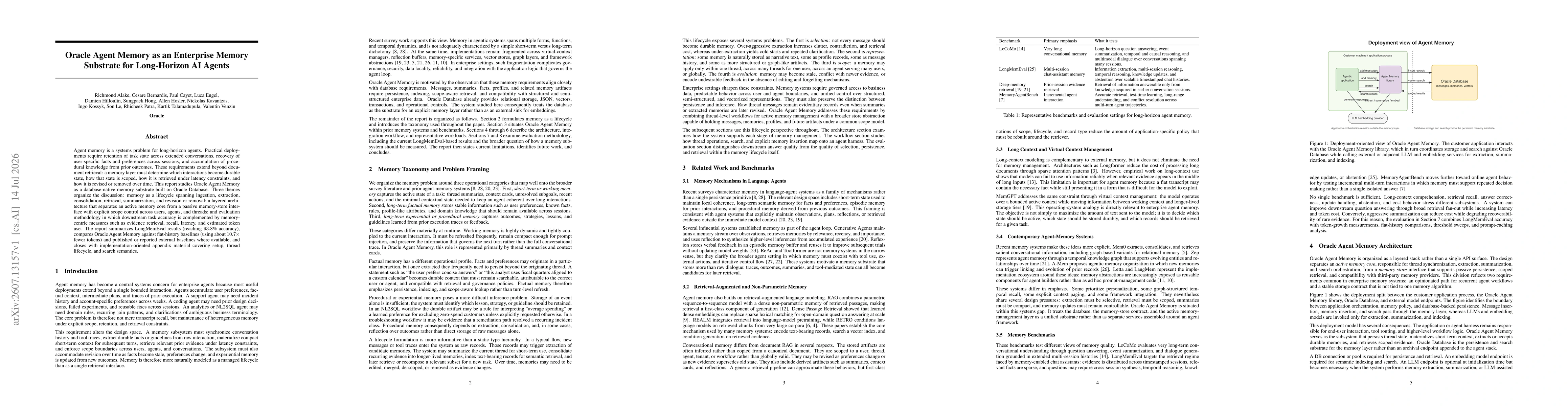 Thumbnail for Oracle Agent Memory as an Enterprise Memory Substrate for Long-Horizon AI Agents