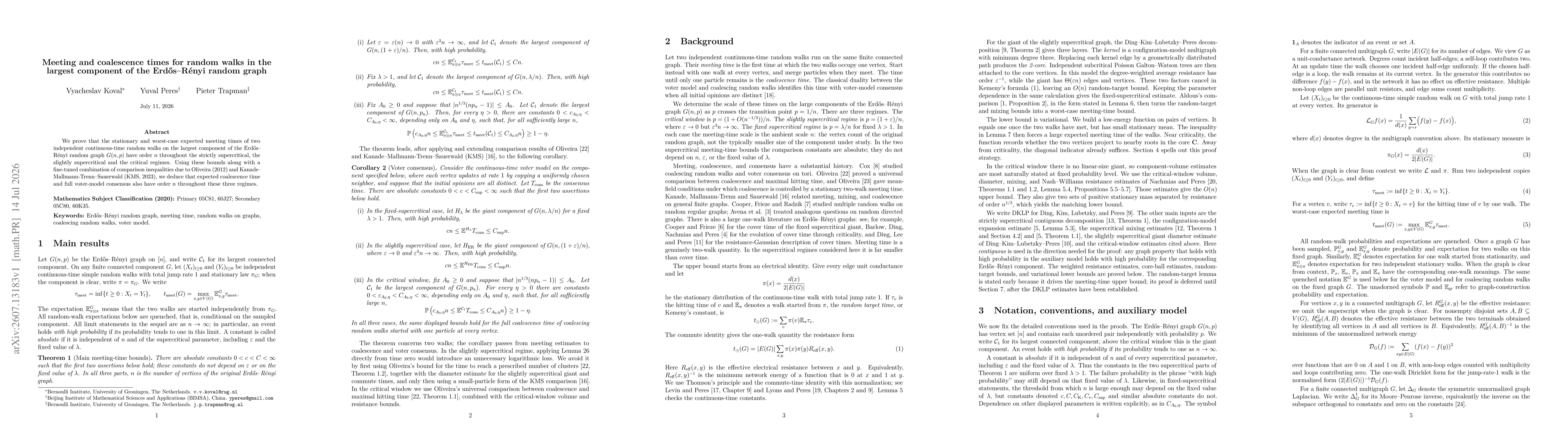 Thumbnail for Meeting and coalescence times for random walks in the largest component of the Erdős-Rényi random graph