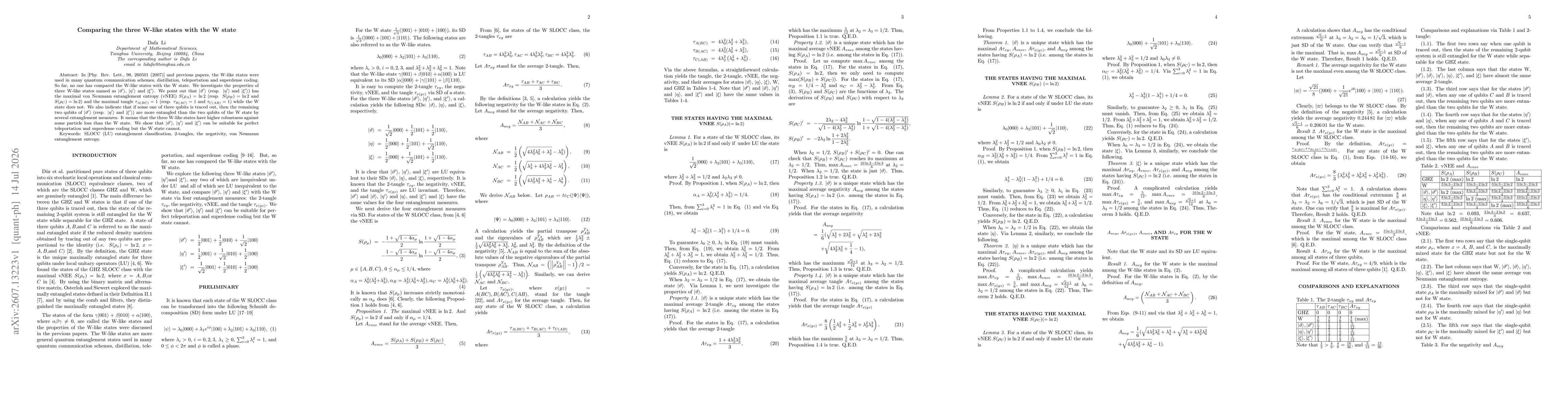 Thumbnail for Comparing the three W-like states with the W state