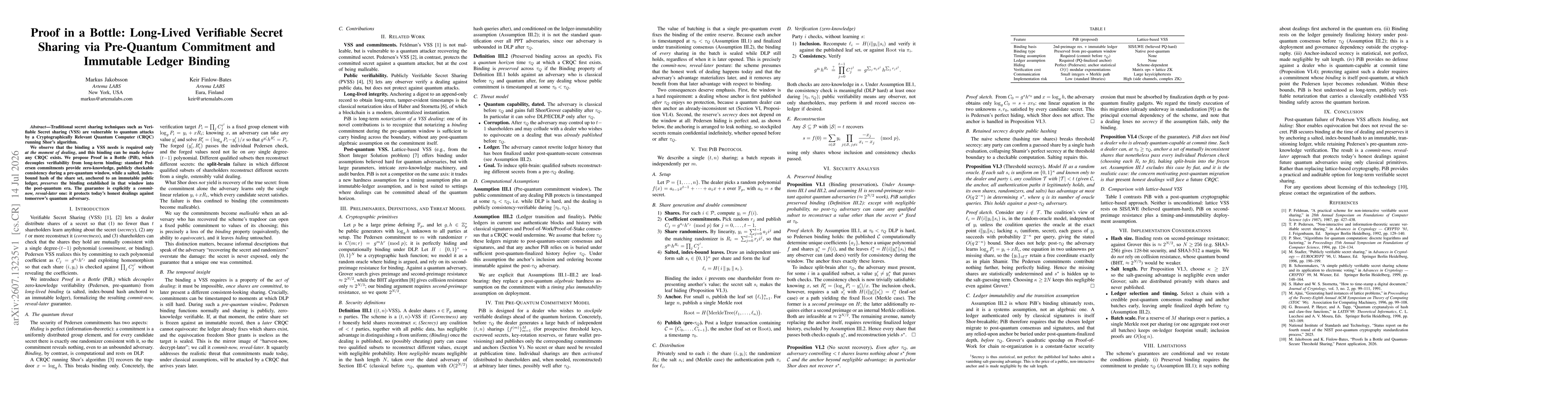 Thumbnail for Proof in a Bottle: Long-Lived Verifiable Secret Sharing via Pre-Quantum Commitment and Immutable Ledger Binding