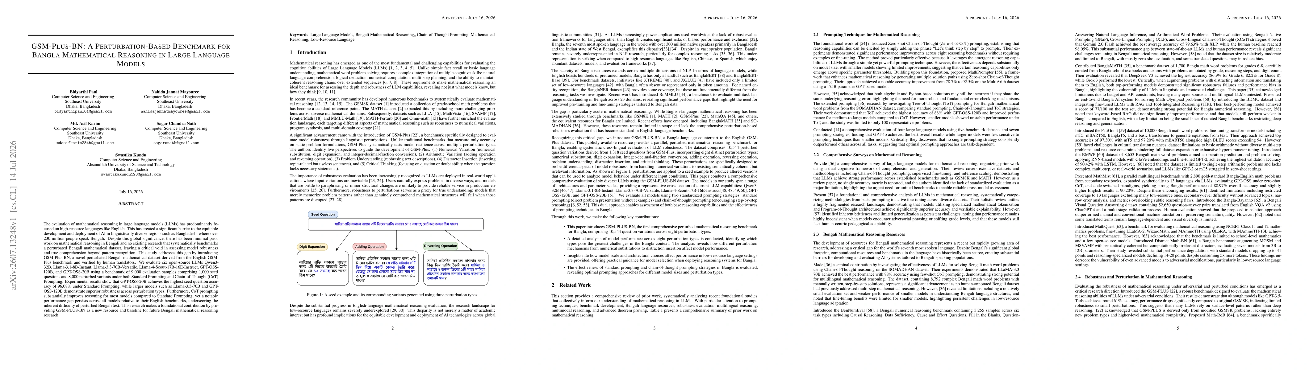 Thumbnail for GSM-Plus-BN: A Perturbation-Based Benchmark for Bangla Mathematical Reasoning in Large Language Models