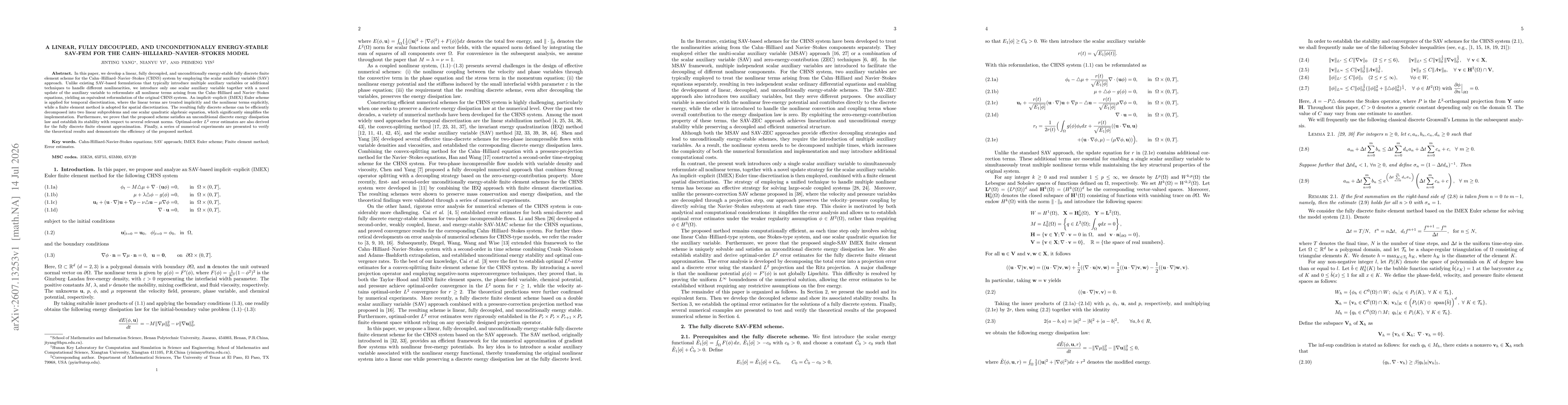 Thumbnail for A linear, fully decoupled, and unconditionally energy-stable SAV-FEM for the Cahn--Hilliard--Navier--Stokes model