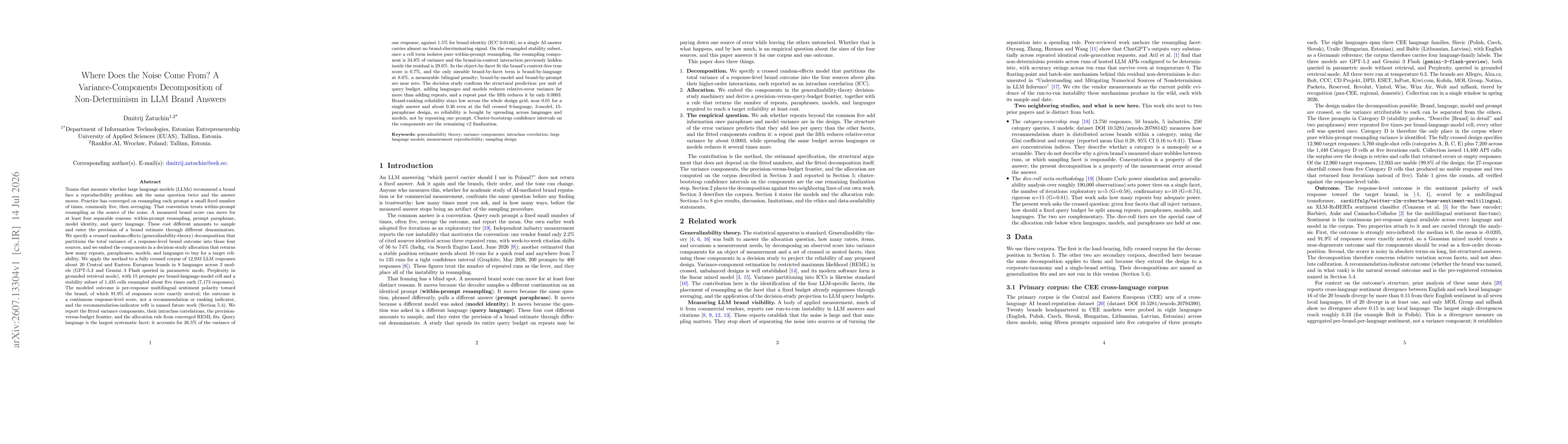 Thumbnail for Where Does the Noise Come From? A Variance-Components Decomposition of Non-Determinism in LLM Brand Answers