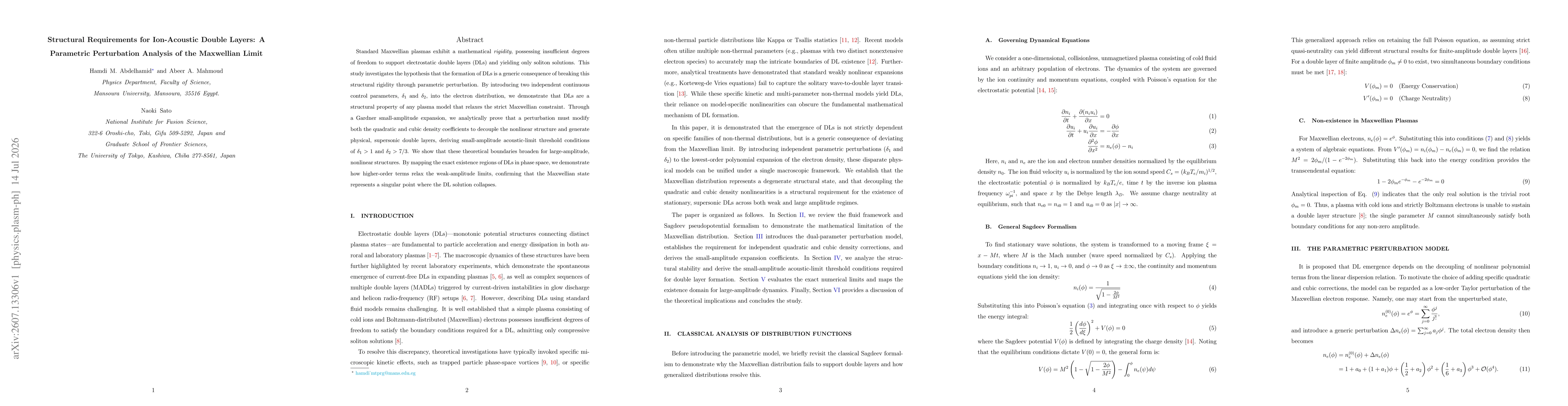 Thumbnail for Structural Requirements for Ion-Acoustic Double Layers: A Parametric Perturbation Analysis of the Maxwellian Limit