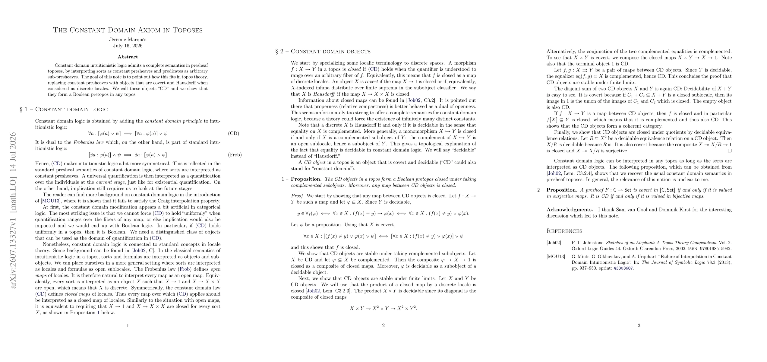 Thumbnail for The Constant Domain Axiom in Toposes