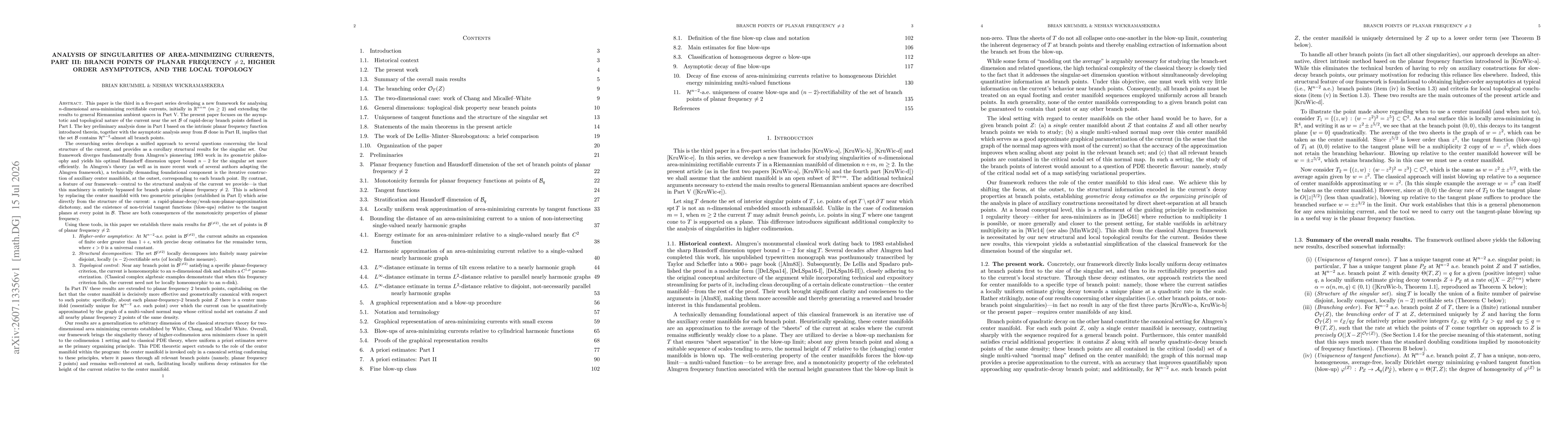 Thumbnail for Analysis of singularities of area-minimizing currents, Part III: branch points of planar frequency $\neq$ 2, higher order asymptotics, and the local topology