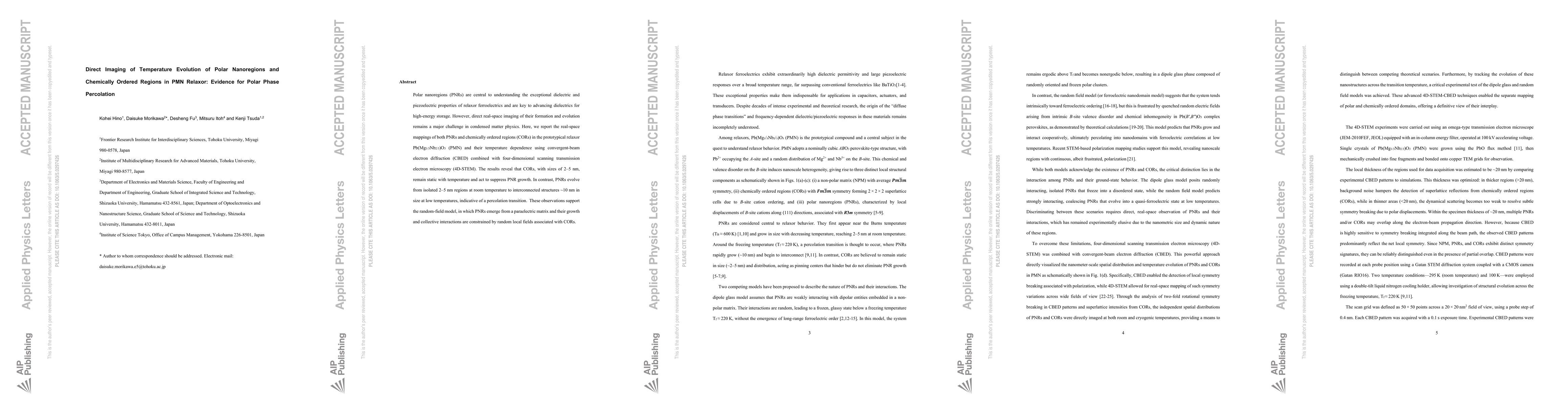 Thumbnail for Direct Imaging of Temperature Evolution of Polar Nanoregions and Chemically Ordered Regions in PMN Relaxor: Evidence for Polar Phase Percolation