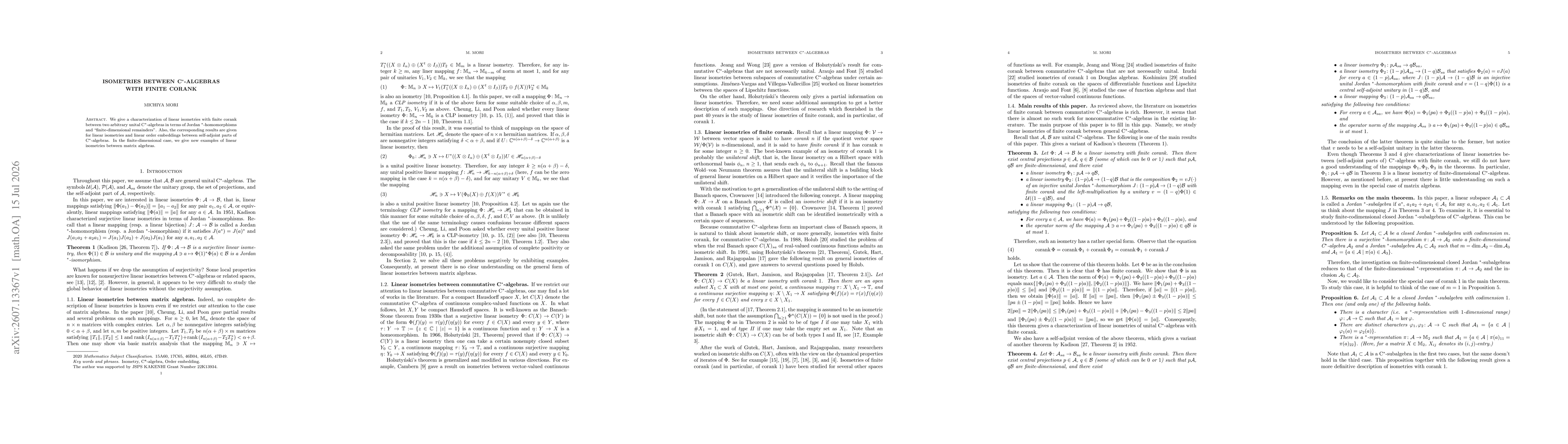 Thumbnail for Isometries between C$^*$-algebras with finite corank