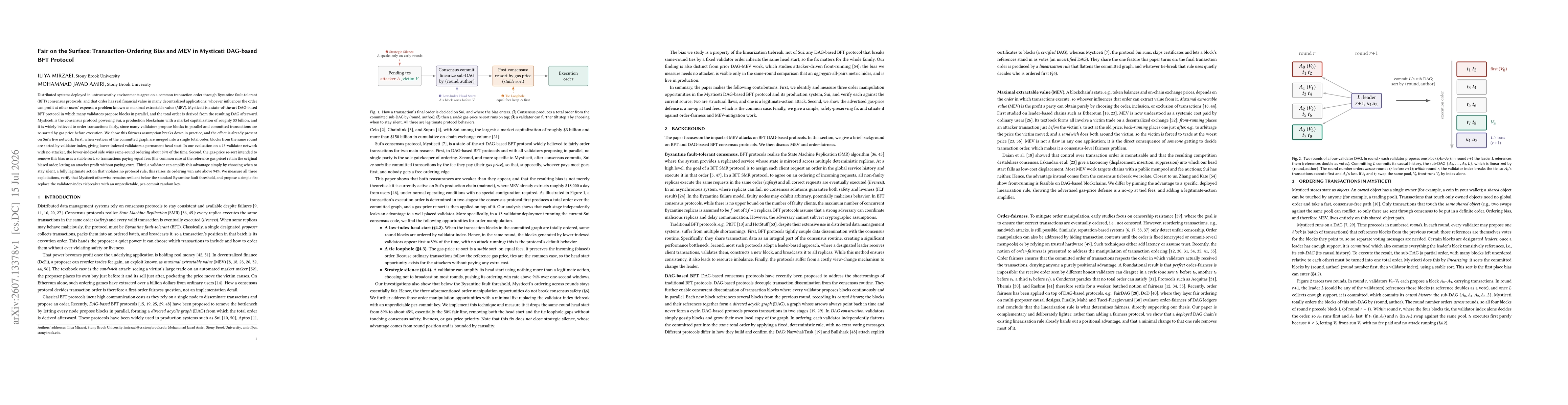 Thumbnail for Fair on the Surface: Transaction-Ordering Bias and MEV in Mysticeti DAG-based BFT Protocol