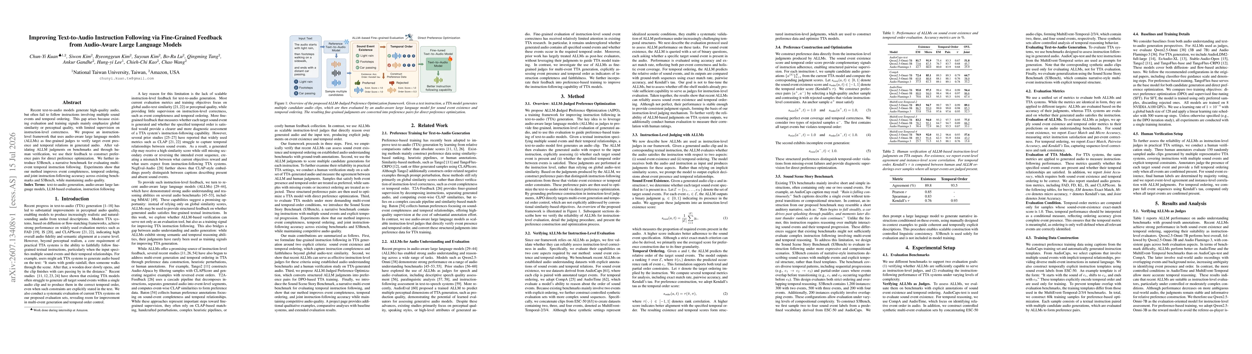 Thumbnail for Improving Text-to-Audio Instruction Following via Fine-Grained Feedback from Audio-Aware Large Language Models