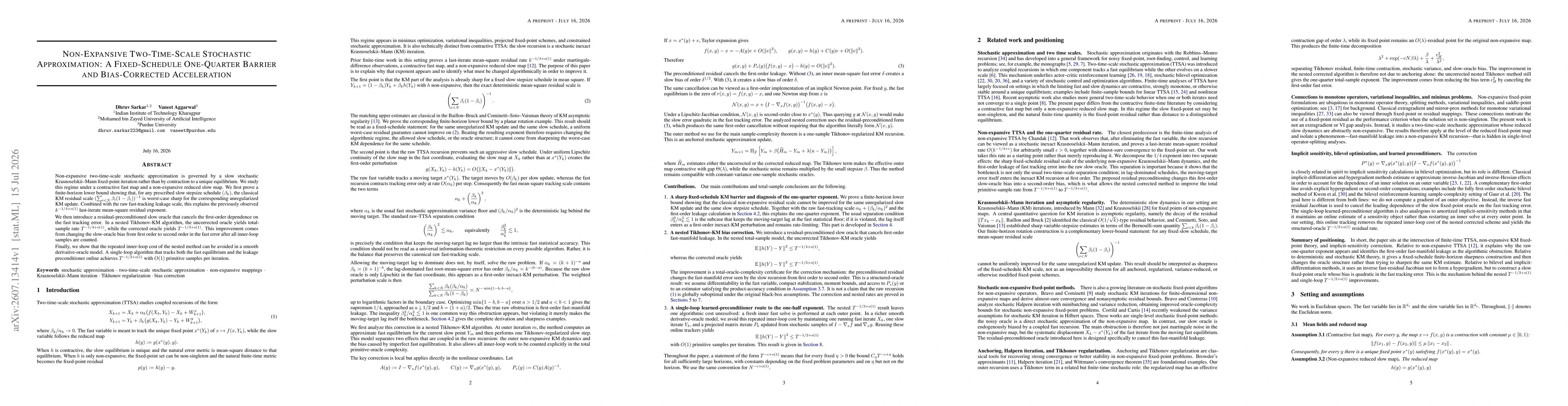 Thumbnail for Non-Expansive Two-Time-Scale Stochastic Approximation: A Fixed-Schedule One-Quarter Barrier and Bias-Corrected Acceleration