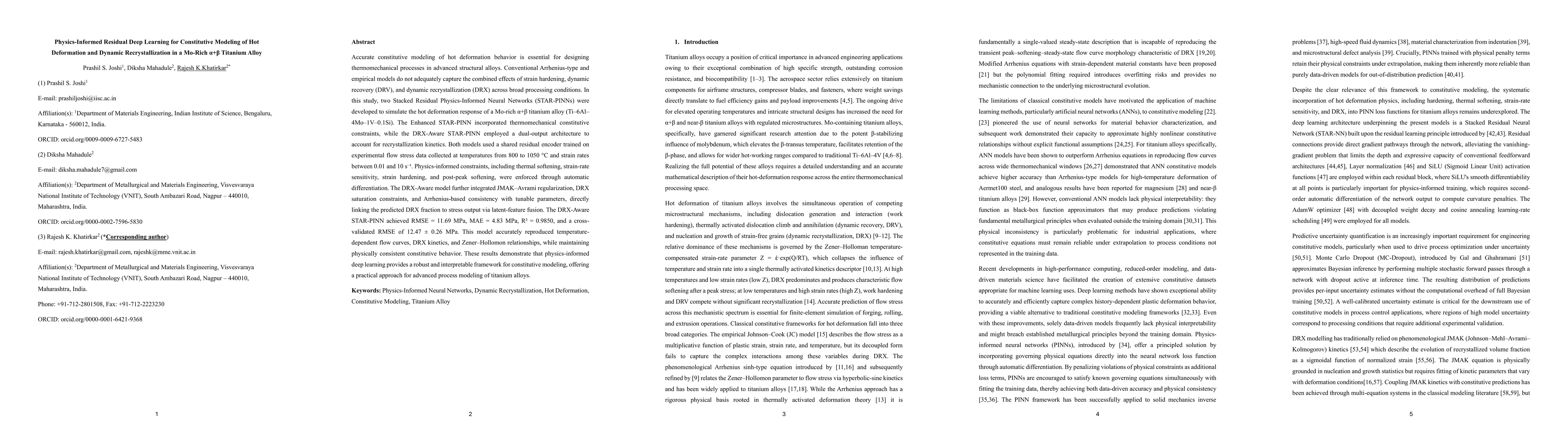 Thumbnail for Physics-Informed Residual Deep Learning for Constitutive Modeling of Hot Deformation and Dynamic Recrystallization in a Mo-Rich $α+β$ Titanium Alloy