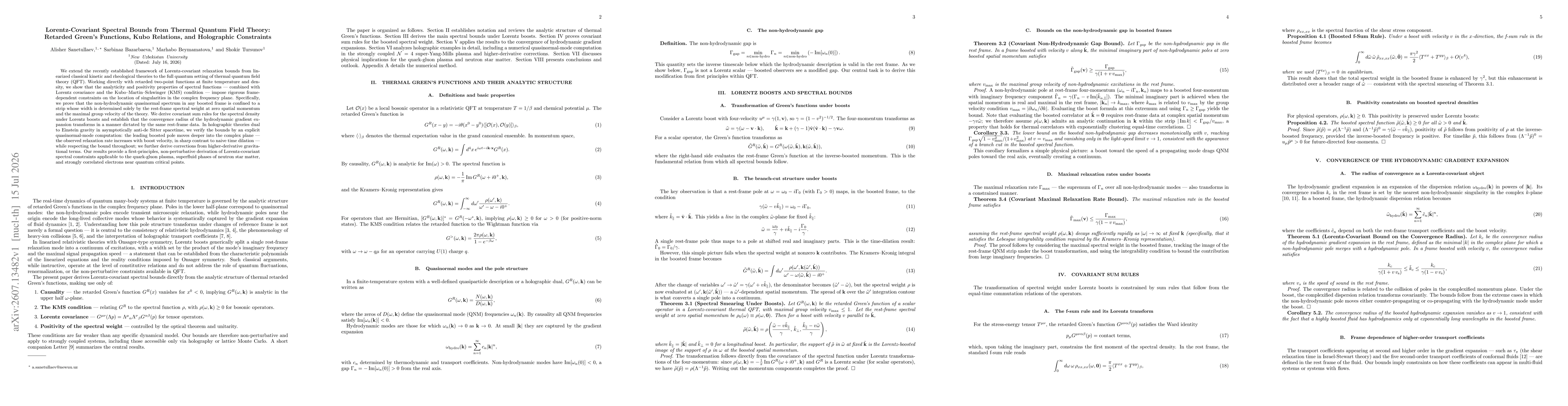 Thumbnail for Lorentz-Covariant Spectral Bounds from Thermal Quantum Field Theory: Retarded Green's Functions, Kubo Relations, and Holographic Constraints