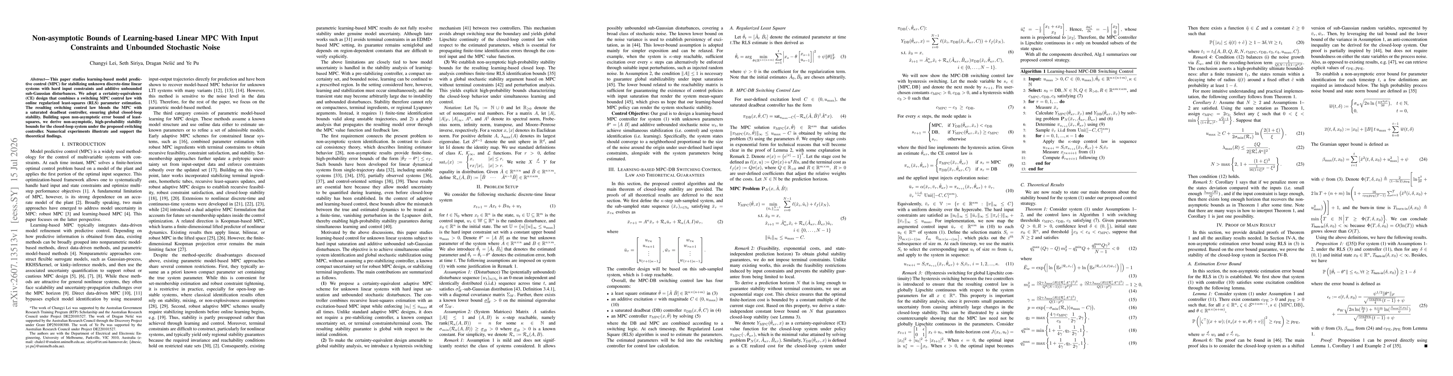 Thumbnail for Non-asymptotic Bounds of Learning-based Linear MPC With Input Constraints and Unbounded Stochastic Noise