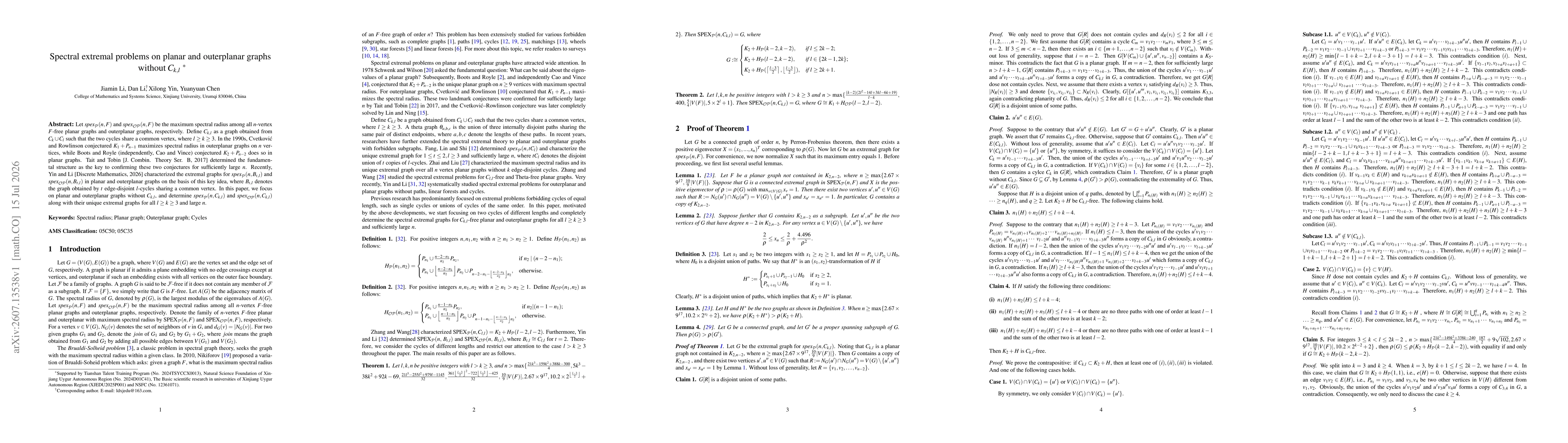 Thumbnail for Spectral extremal problems on planar and outerplanar graphs without $C_{k,l}