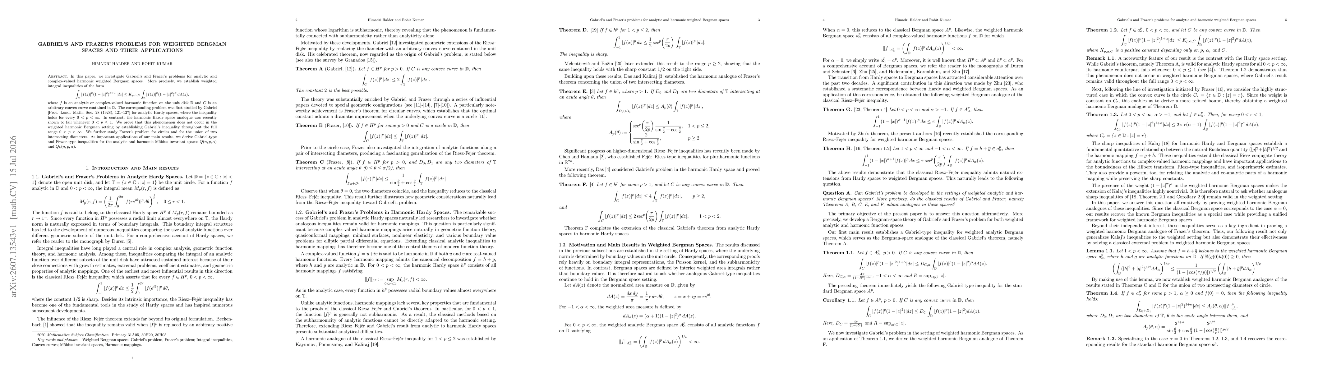 Thumbnail for Gabriel's and Frazer's problems for weighted Bergman spaces and their applications