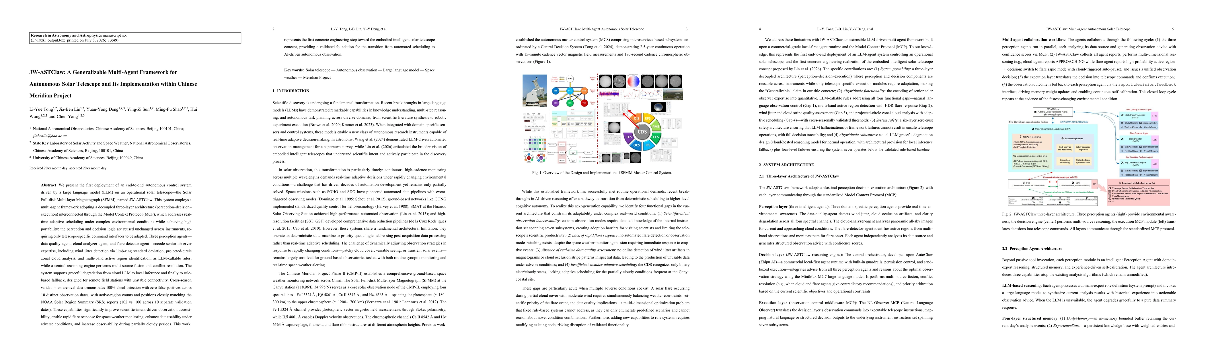 Thumbnail for JW-ASTClaw: A Generalizable Multi-Agent Framework for Autonomous Solar Telescope and Its Implementation within Chinese Meridian Project