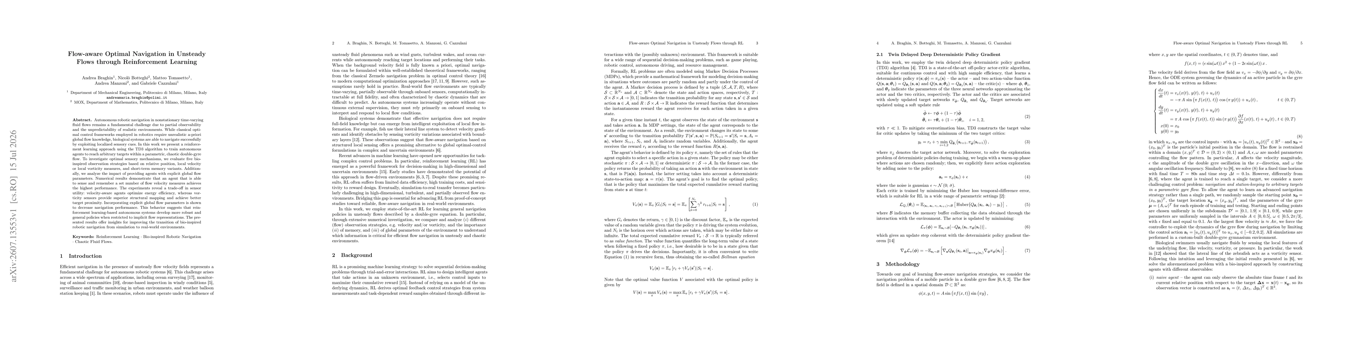 Thumbnail for Flow-aware Optimal Navigation in Unsteady Flows through Reinforcement Learning