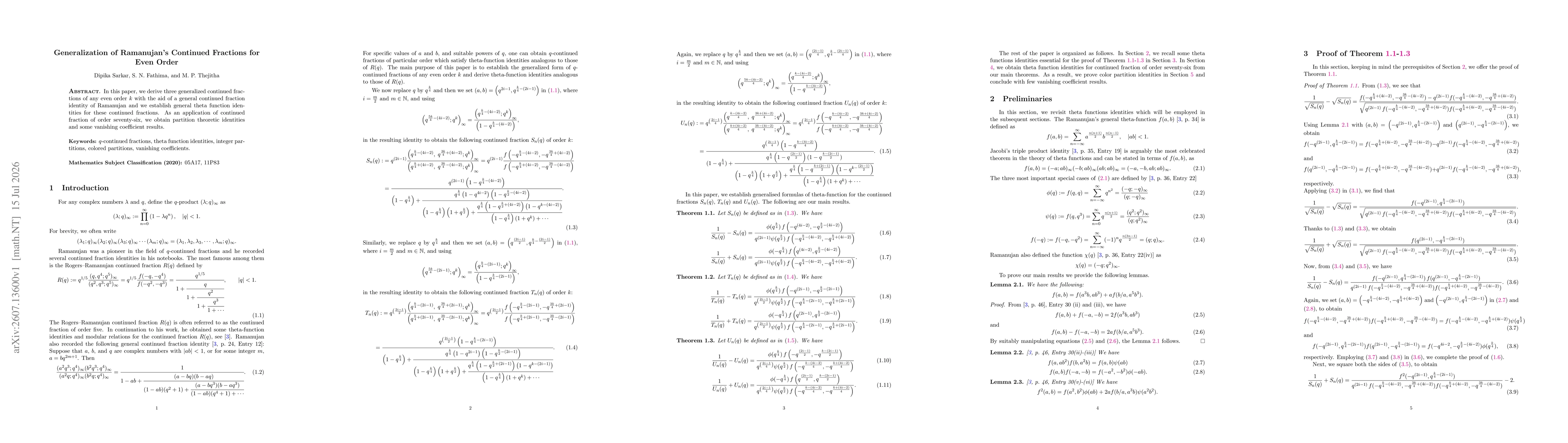 Thumbnail for Generalization of Ramanujan's Continued Fractions for Even Order