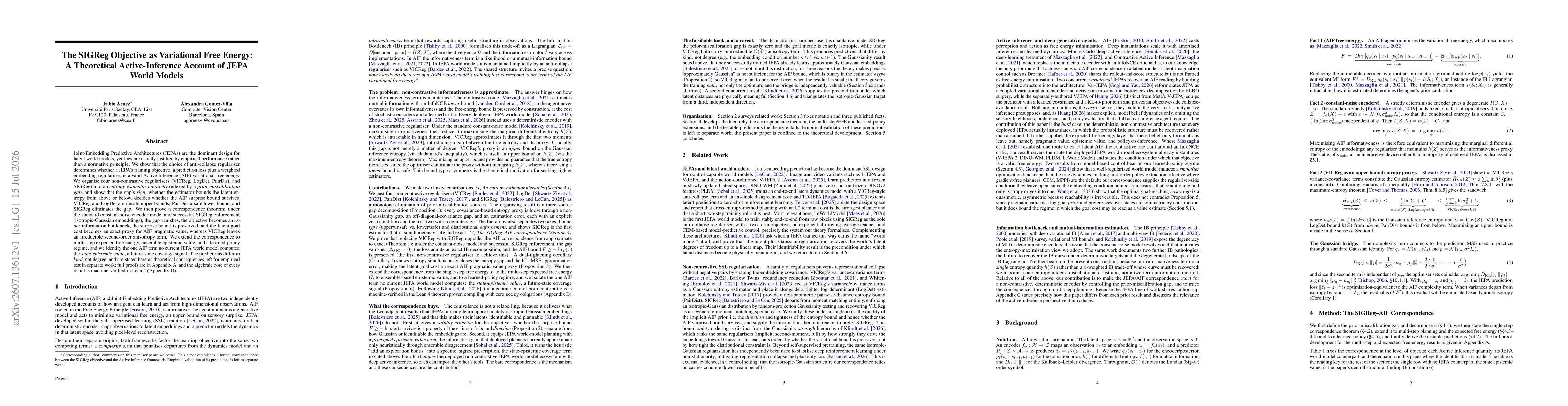 Thumbnail for The SIGReg Objective as Variational Free Energy: A Theoretical Active-Inference Account of JEPA World Models