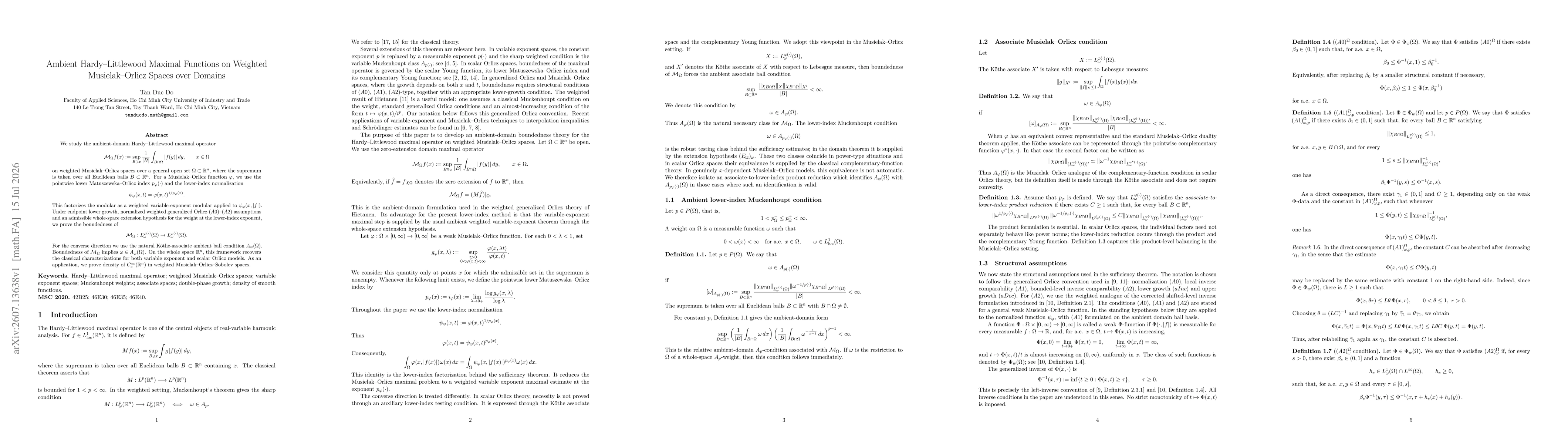 Thumbnail for Ambient Hardy--Littlewood Maximal Functions on Weighted Musielak--Orlicz Spaces over Domains