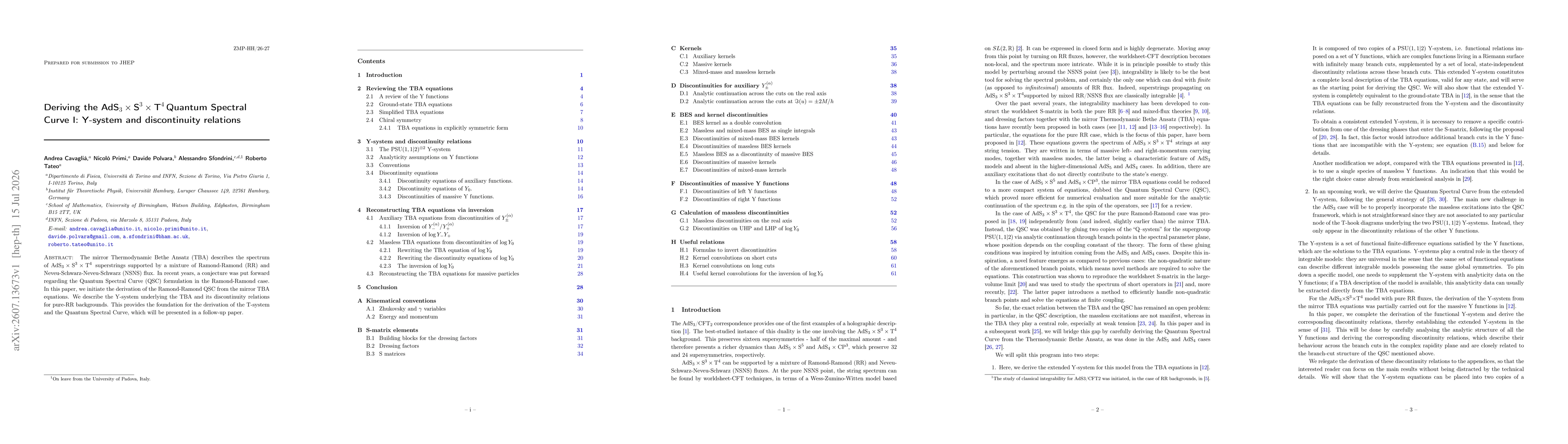 Thumbnail for Deriving the $\text{AdS}_3\times\text{S}^3\times \text{T}^4$ Quantum Spectral Curve I: Y-system and discontinuity relations