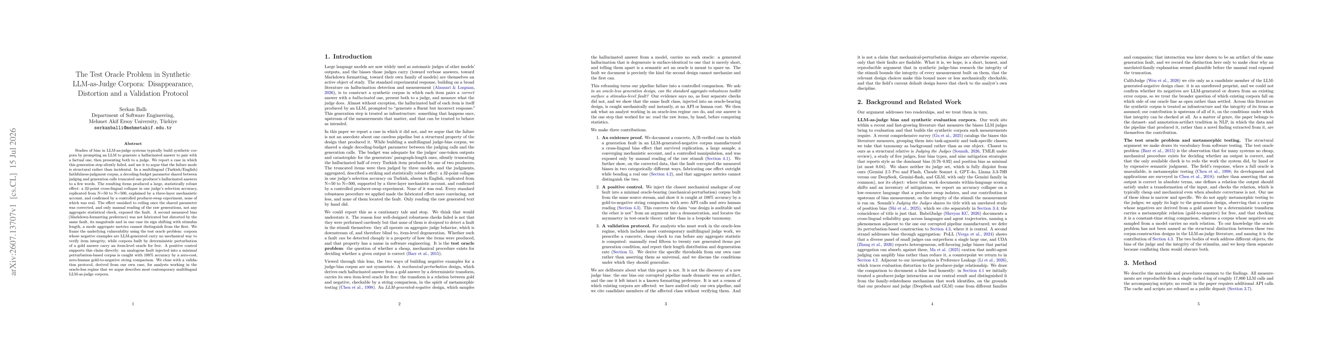 Thumbnail for The Test Oracle Problem in Synthetic LLM-as-Judge Corpora: Disappearance, Distortion and a Validation Protocol