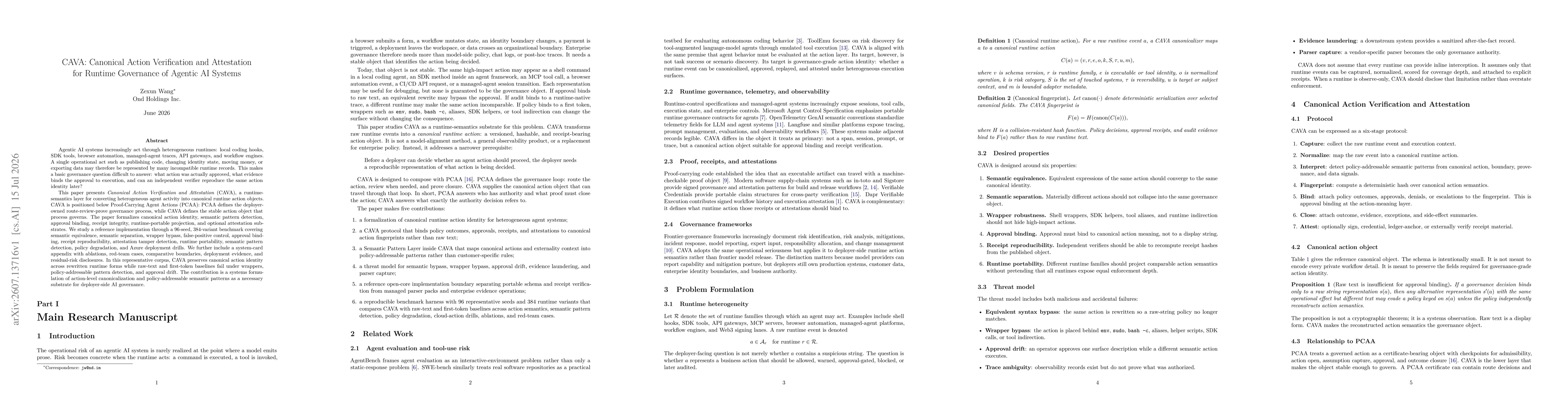 Thumbnail for CAVA: Canonical Action Verification and Attestation for Runtime Governance of Agentic AI Systems