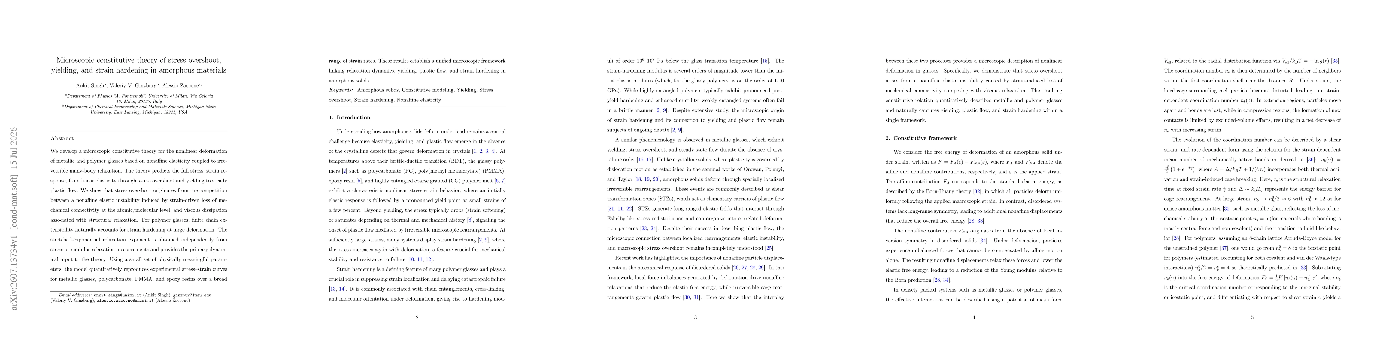 Thumbnail for Microscopic constitutive theory of stress overshoot, yielding, and strain hardening in amorphous materials