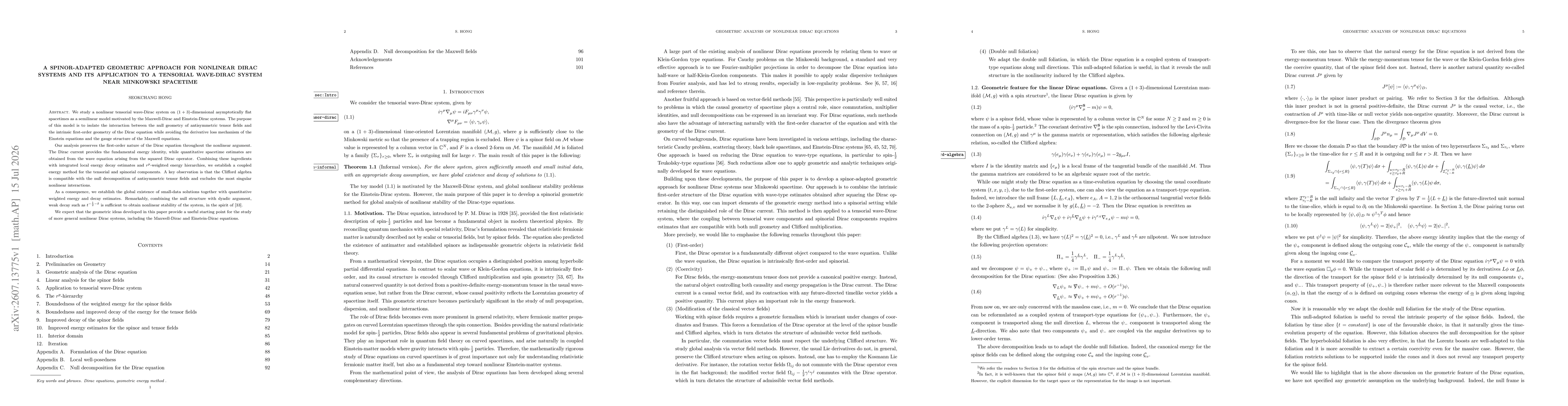 Thumbnail for A spinor-adapted geometric approach for nonlinear Dirac systems and its application to a tensorial wave-Dirac system near Minkowski spacetime