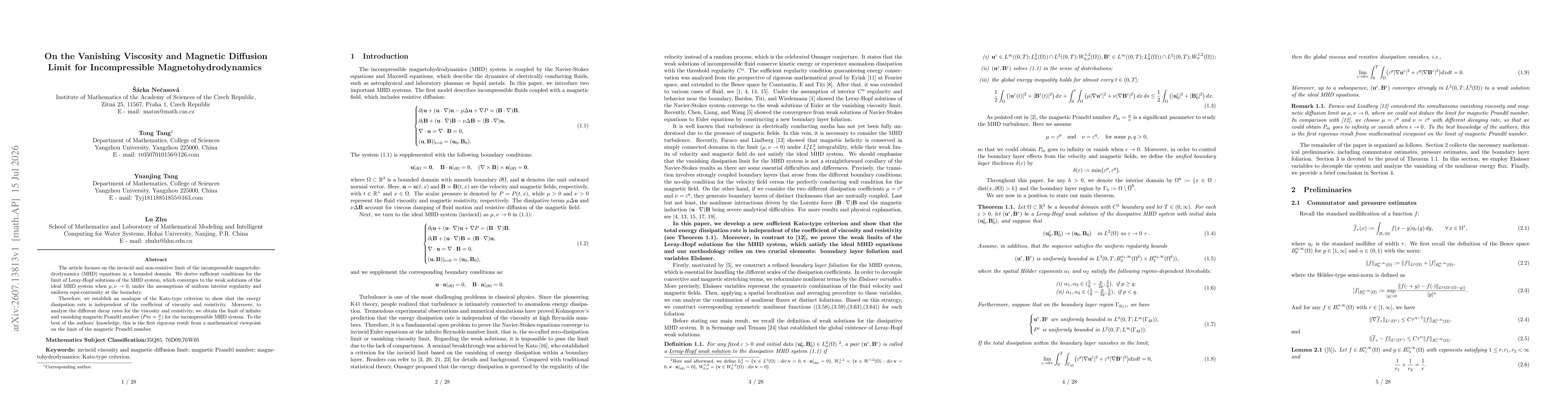 Thumbnail for On the Vanishing Viscosity and Magnetic Diffusion Limit for Incompressible Magnetohydrodynamics