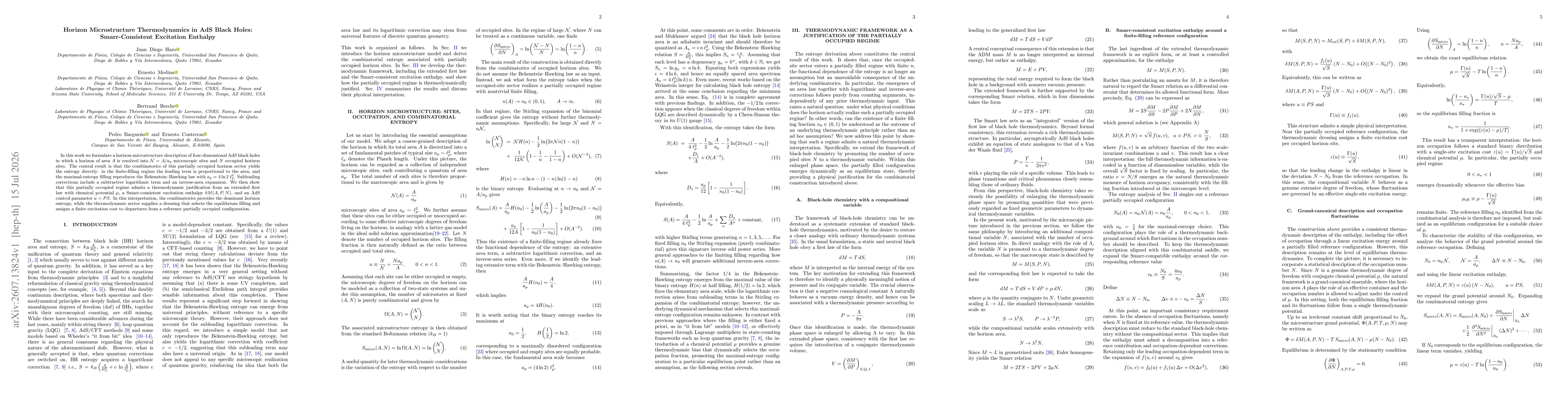 Thumbnail for Horizon Microstructure Thermodynamics in AdS Black Holes: Smarr-Consistent Excitation Enthalpy