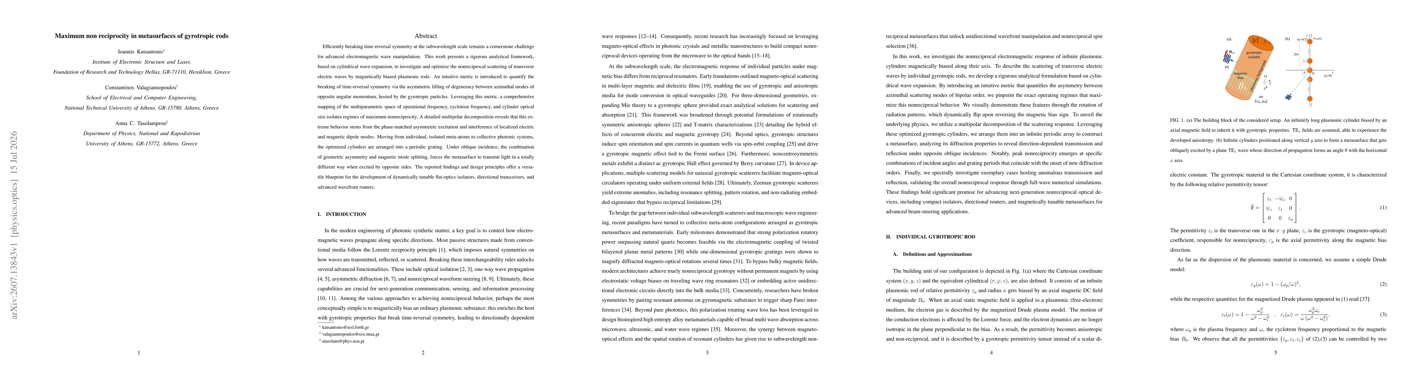 Thumbnail for Maximum non reciprocity in metasurfaces of gyrotropic rods