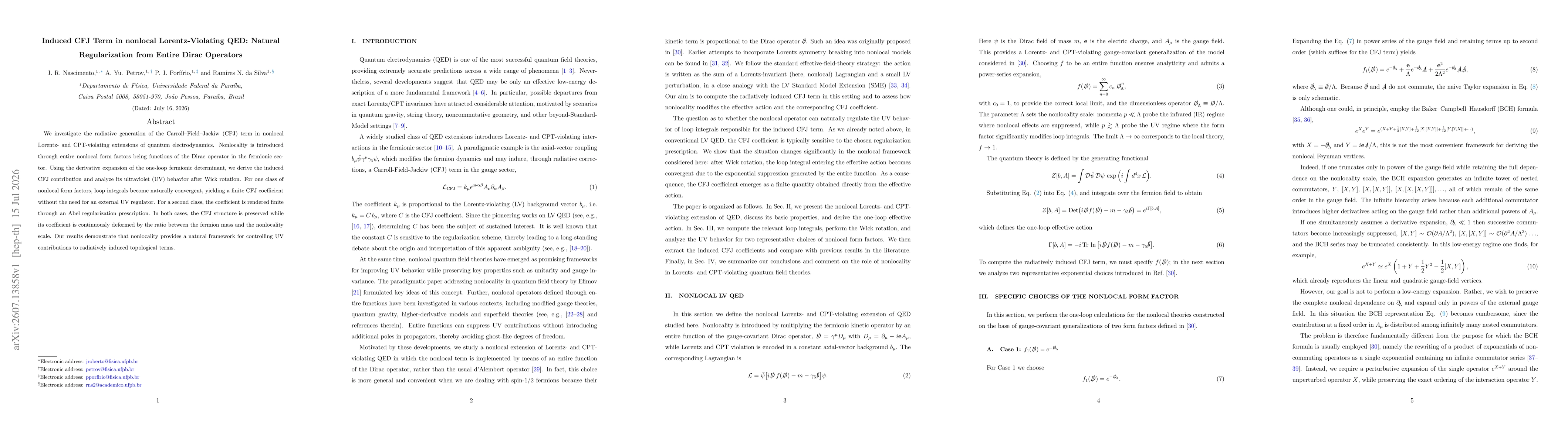 Thumbnail for Induced CFJ Term in nonlocal Lorentz-Violating QED: Natural Regularization from Entire Dirac Operators