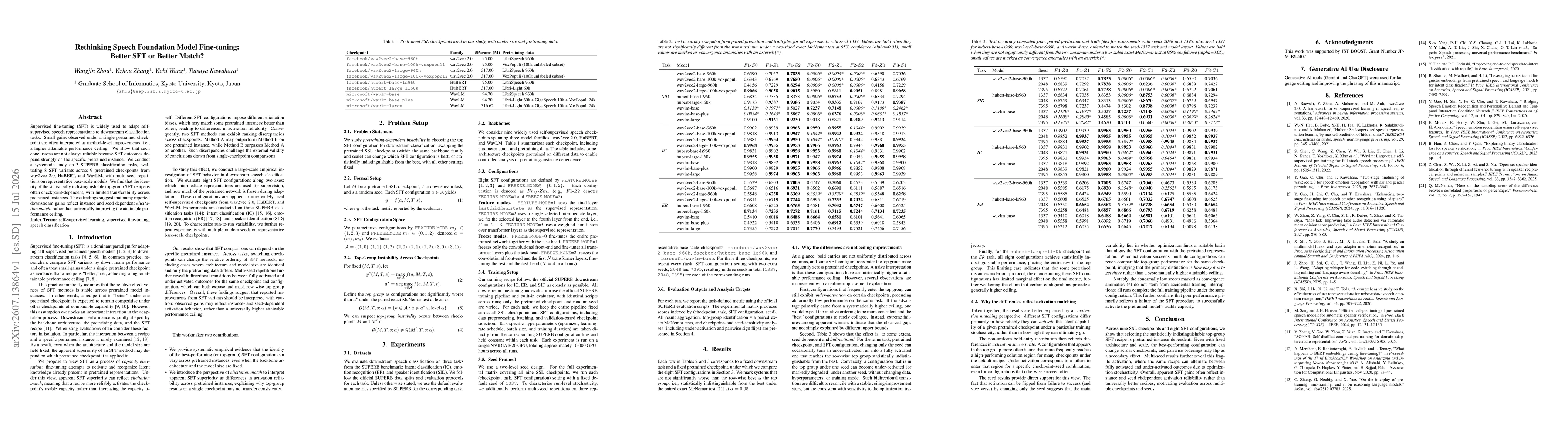 Thumbnail for Rethinking Speech Foundation Model Fine-tuning: Better SFT or Better Match?