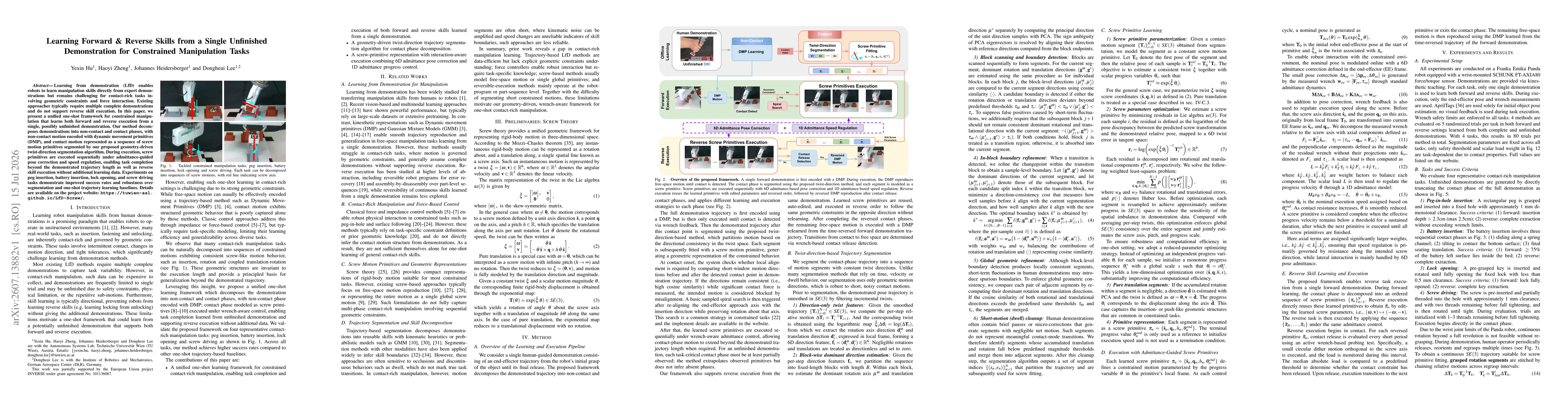 Thumbnail for Learning Forward & Reverse Skills from a Single Unfinished Demonstration for Constrained Manipulation Tasks