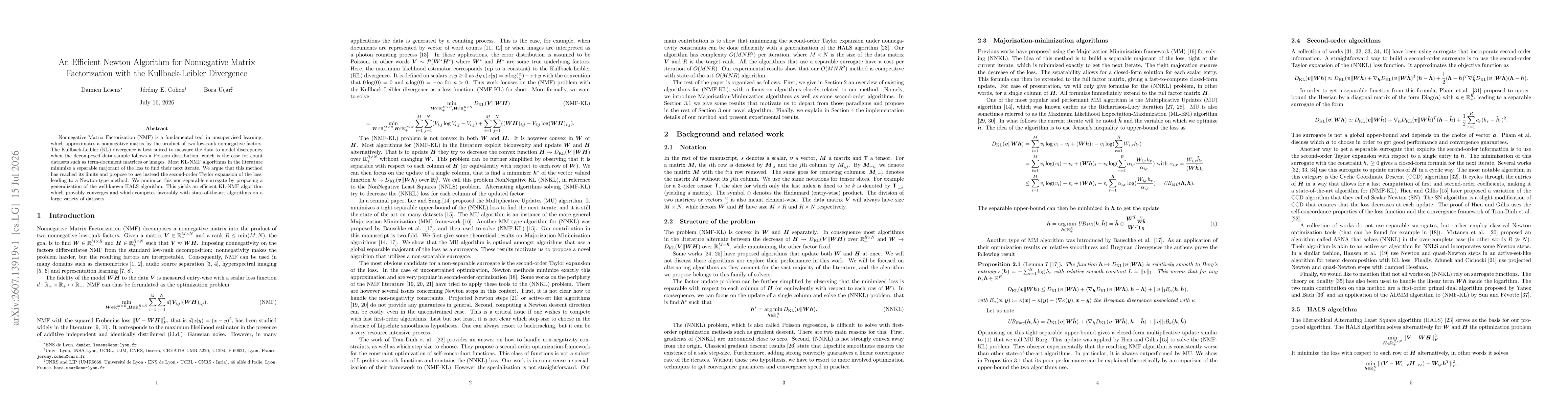 Thumbnail for An Efficient Newton Algorithm for Nonnegative Matrix Factorization with the Kullback-Leibler Divergence