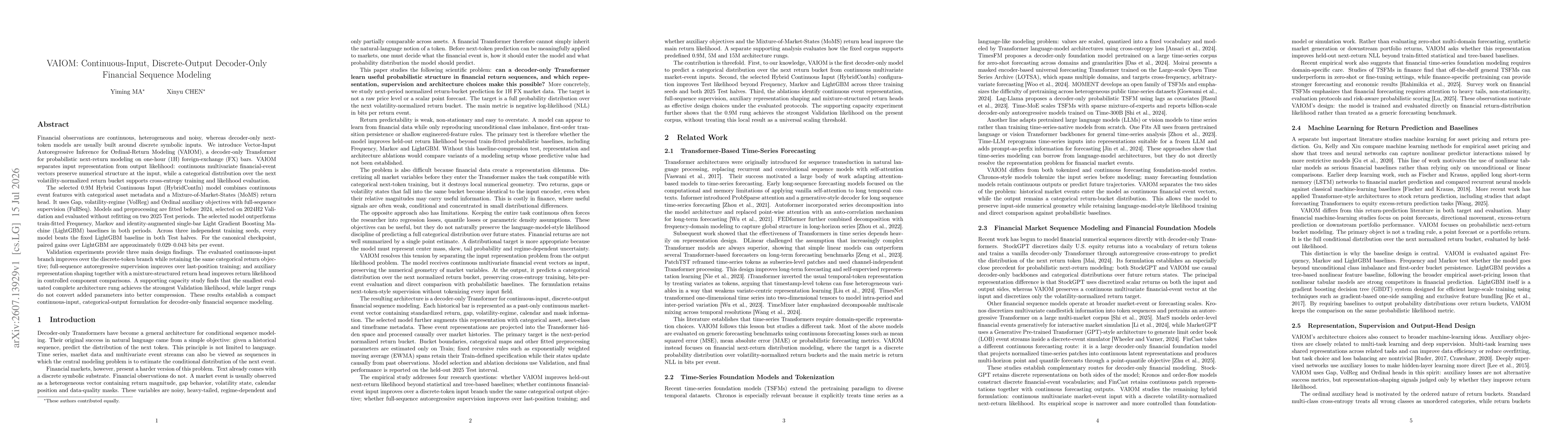 Thumbnail for VAIOM: Continuous-Input, Discrete-Output Decoder-Only Financial Sequence Modeling