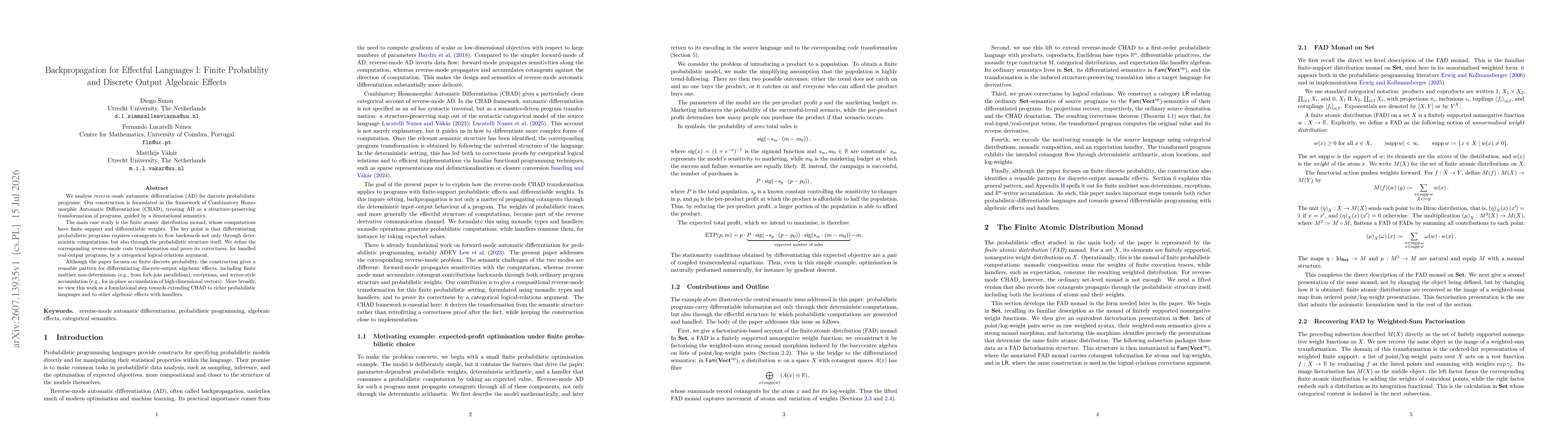 Thumbnail for Backpropagation for Effectful Languages I: Finite Probability and Discrete Output Algebraic Effects