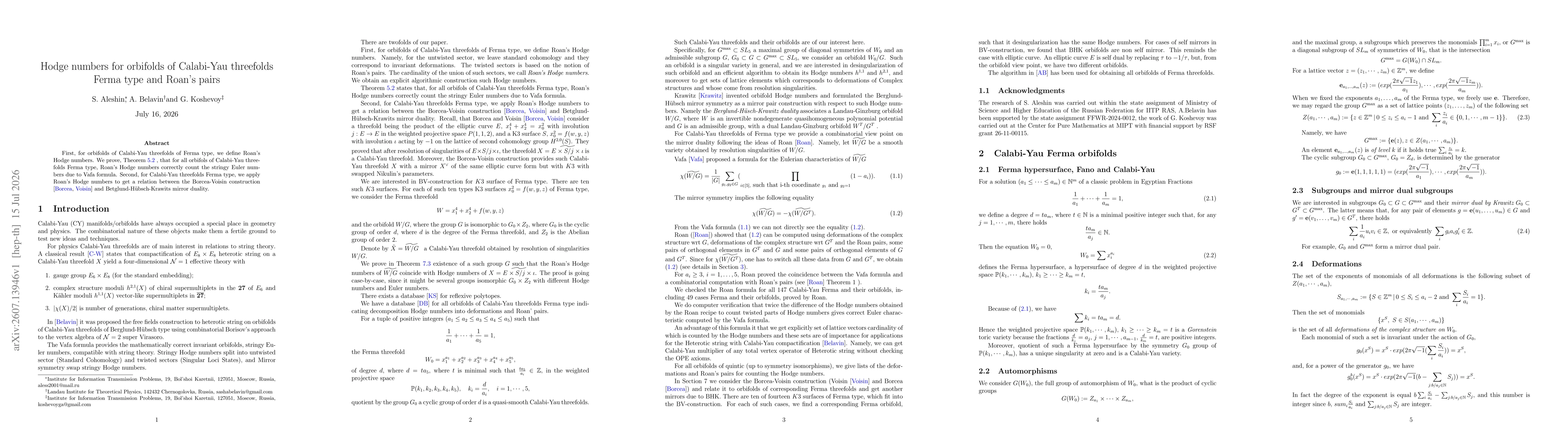 Thumbnail for Hodge numbers for orbifolds of Calabi-Yau threefolds Ferma type and the Roan pairs