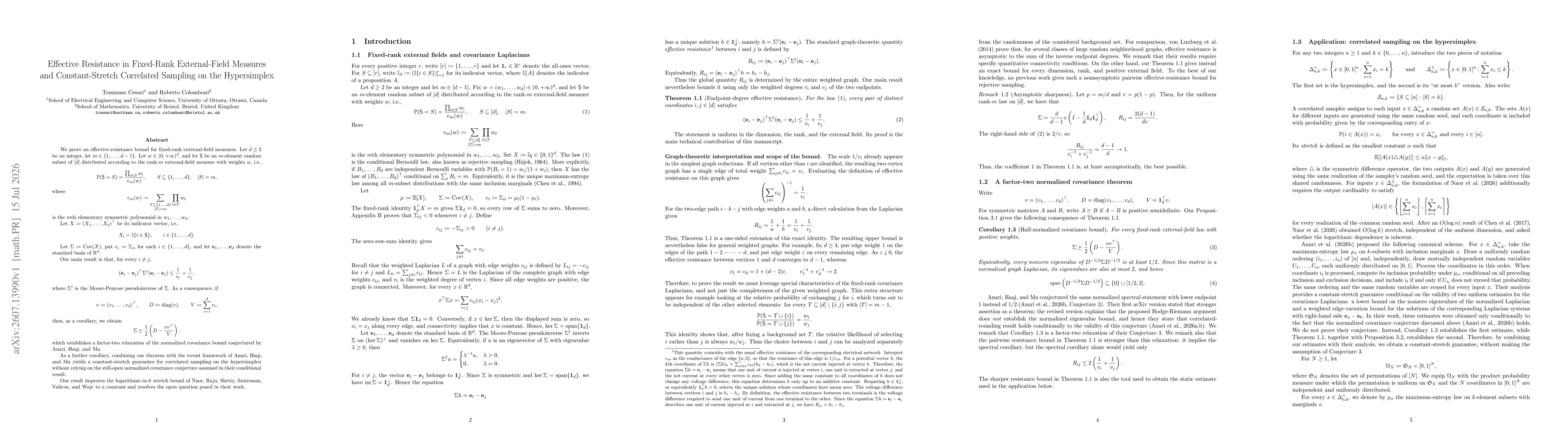 Thumbnail for Effective Resistance in Fixed-Rank External-Field Measures and Constant-Stretch Correlated Sampling on the Hypersimplex