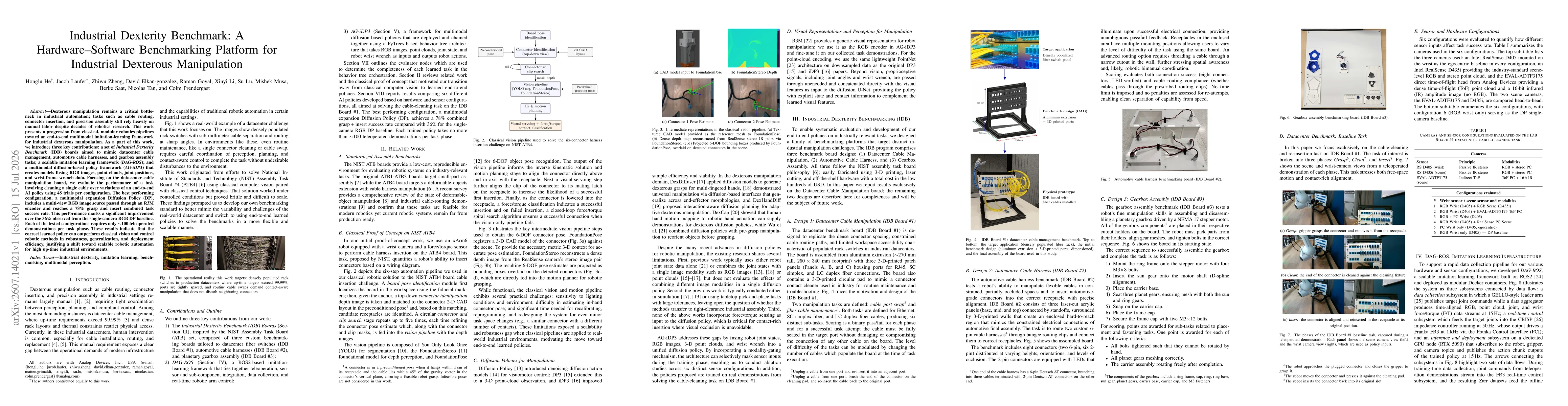 Thumbnail for Industrial Dexterity Benchmark: A Hardware-Software Benchmarking Platform for Industrial Dexterous Manipulation