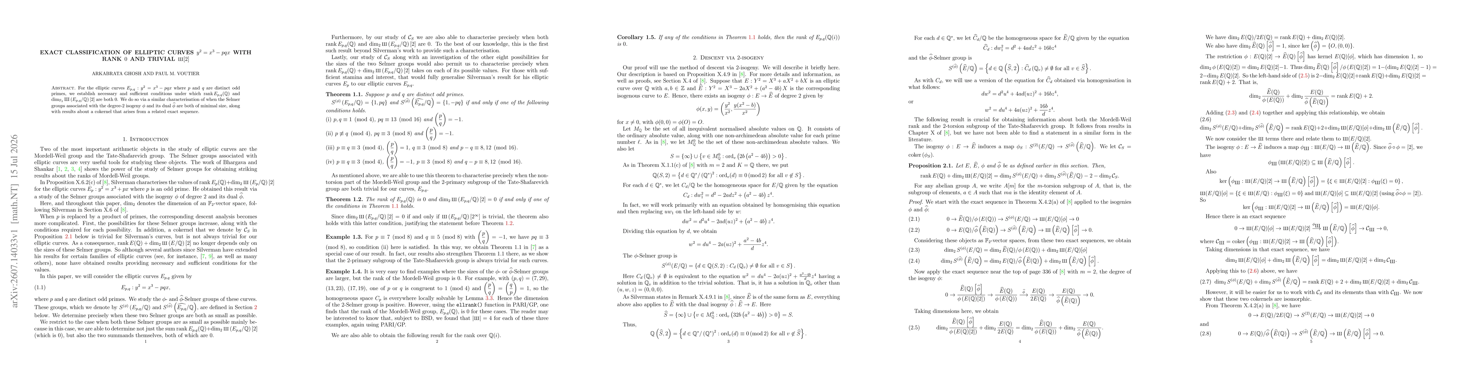 Thumbnail for Exact classification of elliptic curves $y^{2}=x^{3}-pqx$ with rank $0$ and trivial $\Sha[2]$