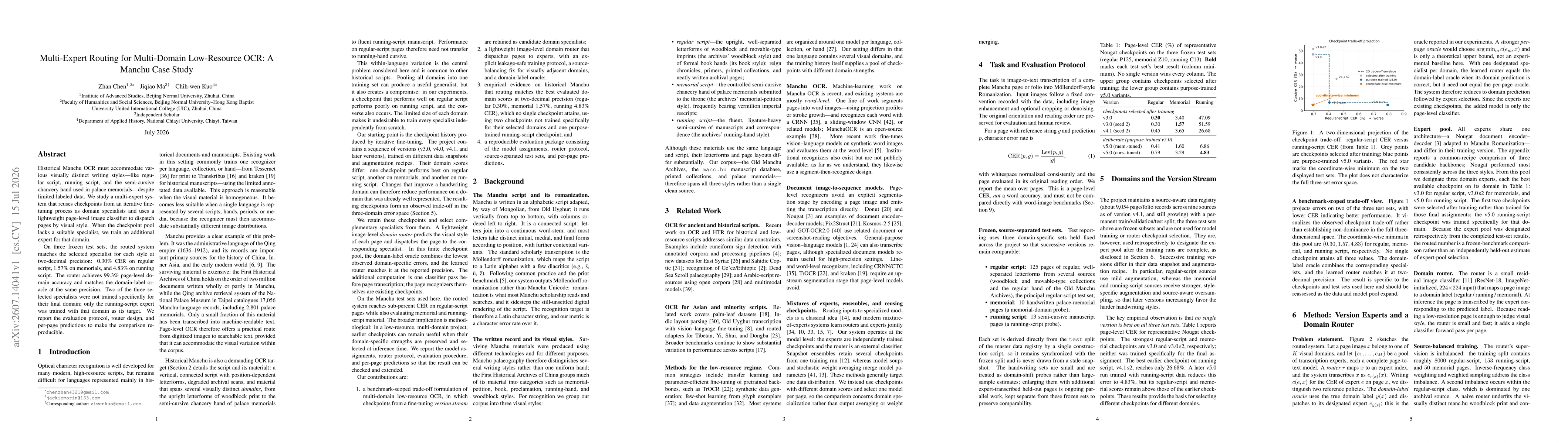 Thumbnail for Multi-Expert Routing for Multi-Domain Low-Resource OCR: A Manchu Case Study