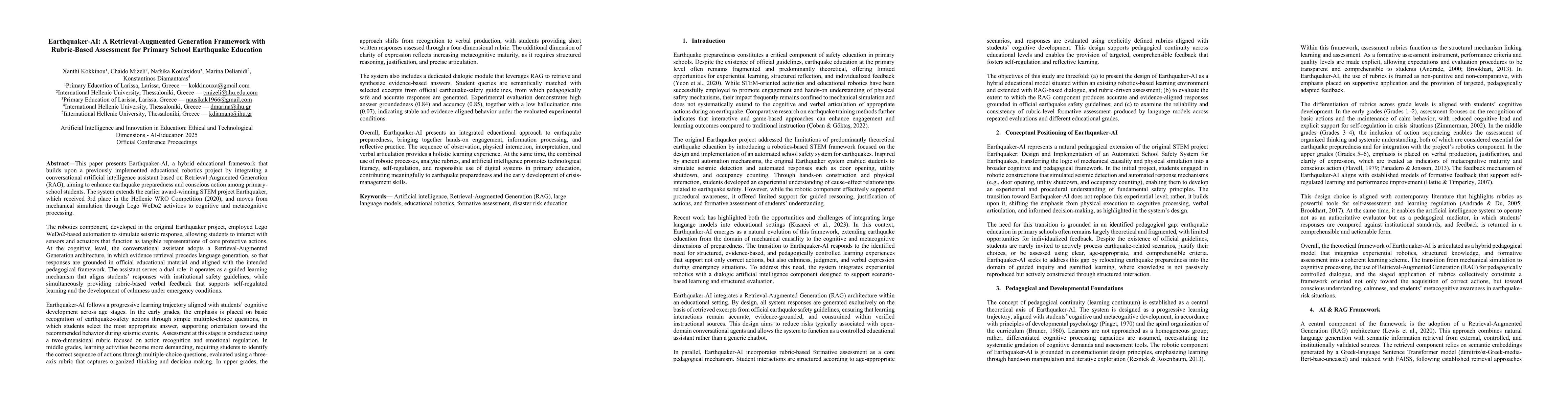 Thumbnail for Earthquaker-AI: A Retrieval-Augmented Generation Framework with Rubric-Based Assessment for Primary School Earthquake Education