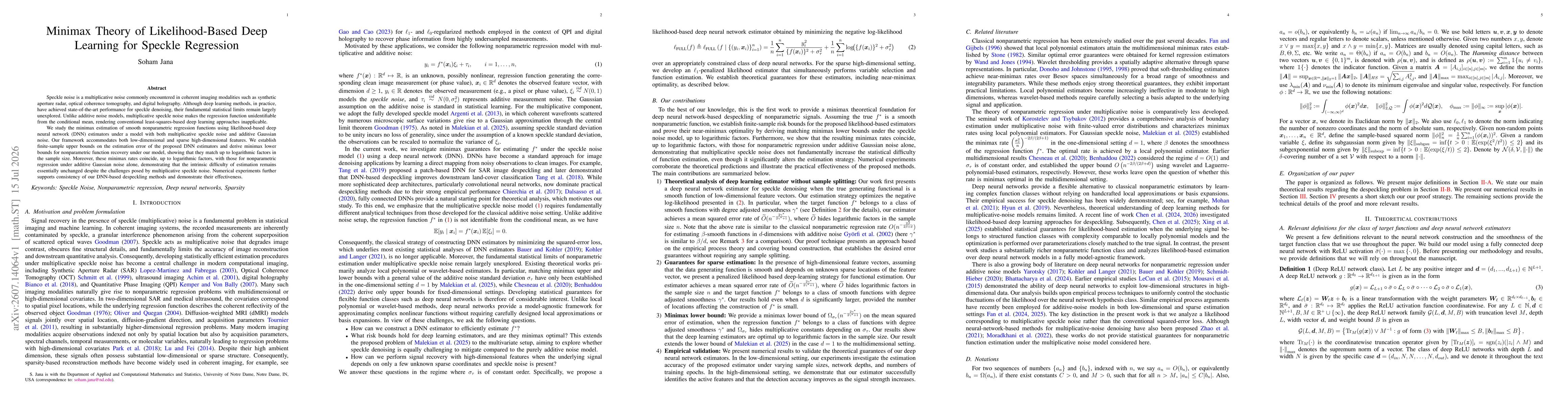 Thumbnail for Minimax Theory of Likelihood-Based Deep Learning for Speckle Regression