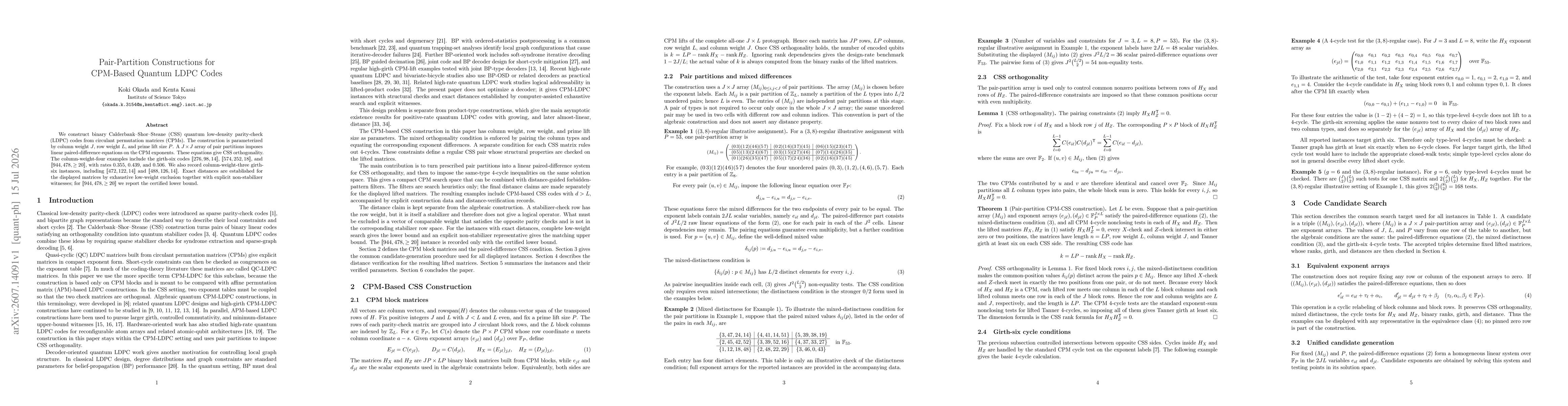 Thumbnail for Pair-Partition Constructions for CPM-Based Quantum LDPC Codes