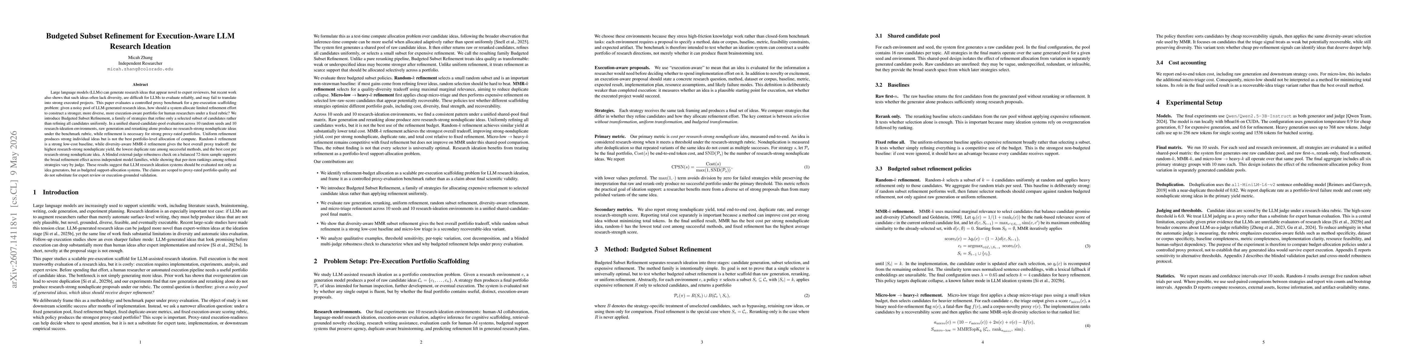 Thumbnail for Budgeted Subset Refinement for Execution-Aware LLM Research Ideation