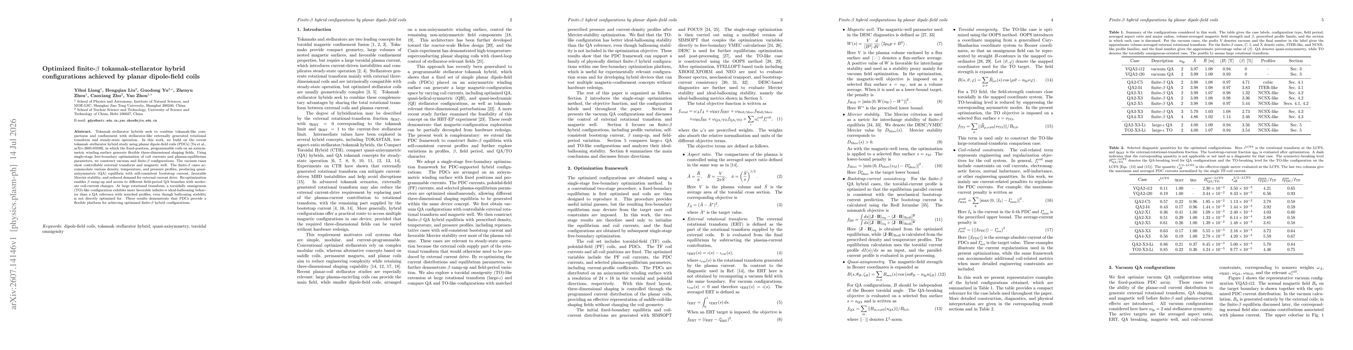 Thumbnail for Optimized finite-$β$ tokamak-stellarator hybrid configurations achieved by planar dipole-field coils